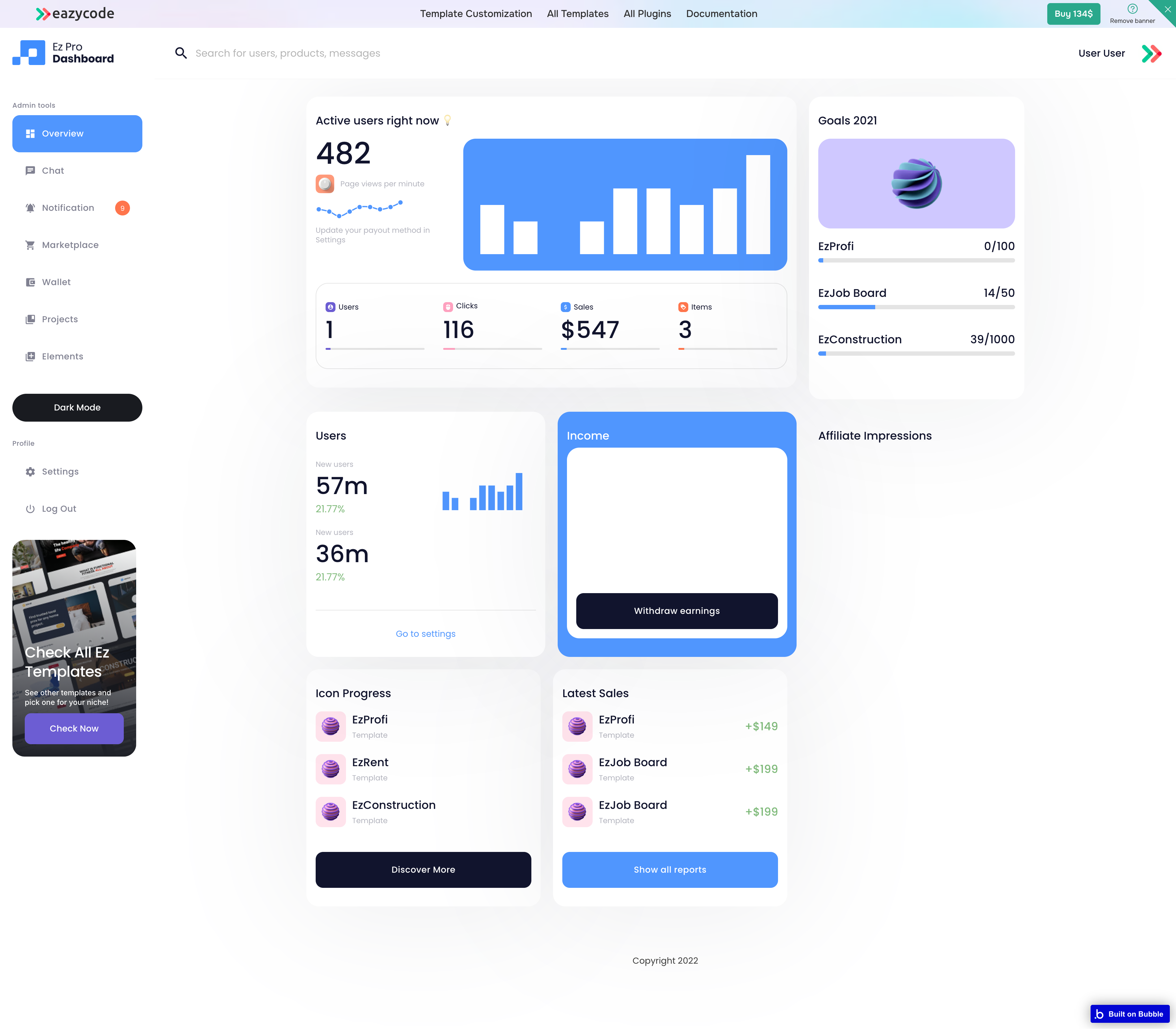 Ez Pro Dashboard — Bubble template preview